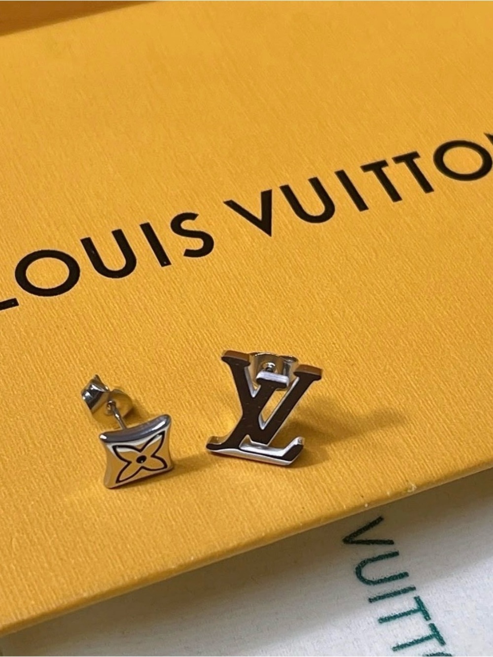 Designer Inspired Silver Lulu Logo and Monogram Stud Earring